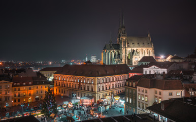 Wall Mural - Old Town with Christmas Market and Cathedral of St. Peter and Paul in Brno, Czech Republic as Seen from City Hall Tower at Night