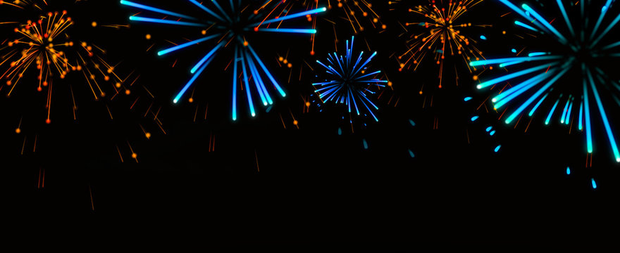 Fireworks on a black background. Festive happy day with colorful bright fireworks. Sparks from explosions in the dark sky. Fireworks stock images 