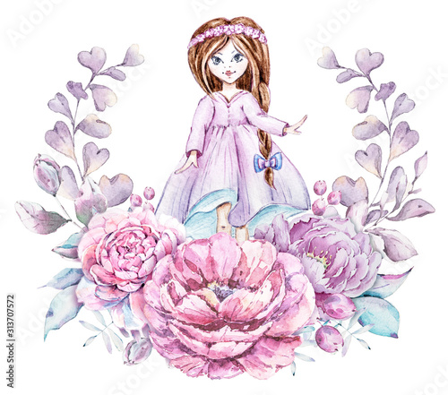 Dekoracja na wymiar  cute-dziewczynka-w-wieniec-z-kwiatow-piwonii-lisci-jagod-piekne-recznie-malowane-akwarela