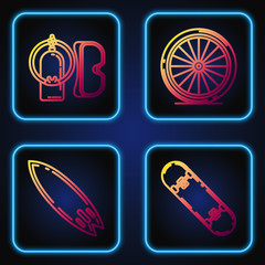 Set line Skateboard trick, Surfboard, Diving mask and aqualung and Bicycle wheel. Gradient color icons. Vector