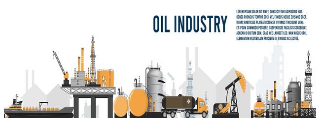 Gas oil industry platform Banner with Outbuildings, Oil storage tank. Poster Brochure Flyer Design, Vector Illustration