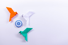 Top View Of Orange Bird,  Green Bird, White Bird And Symbol Flag Of India On White Background. Indian  Republic Day Or Indian Independence Day.