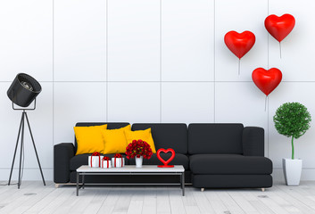 living room and sofa interior design 3D illustration, valentine heart balloon.