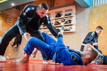 Two brazilian jiu jitsu BJJ athletes training practicing position drilling the technique from the guard sparring wearing blue and black kimono gi de la riva sleeve