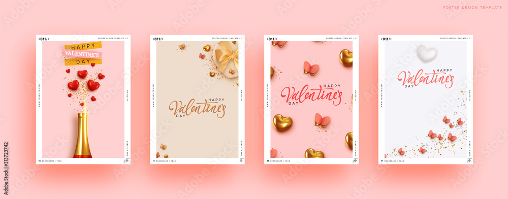 Valentines Day Set of Holiday Gift Card. Romantic banners, web poster, flyers and brochures, greeting cards, group bright covers. Design with realistic decoration objects. wedding invitations - obrazy, fototapety, plakaty 