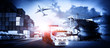 © Travel mania - Container truck in ship port for business Logistics and transportation of Container Cargo ship and Cargo plane with working crane bridge in shipyard, logistic import export and transport