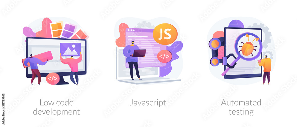 Software development. User interface design, programming language and usability testing. Low code development, javascript, automated testing metaphors. Vector isolated concept metaphor illustrations. - obrazy, fototapety, plakaty 