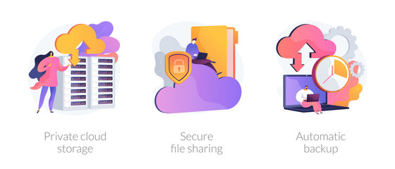 Sticker - Cloud computing, web hosting platform. Data uploading and database servers. Private cloud storage, secure file sharing, automatic backup metaphors. Vector isolated concept metaphor illustrations.