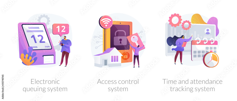 Smart home security, employee attendance monitoring. Electronic queuing system, access control system, time and attendance tracking system metaphors. Vector isolated concept metaphor illustrations. - obrazy, fototapety, plakaty 