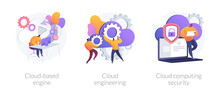 Virtual Information Protection, Online Data Storage Safety. Cloud-based Engine, Cloud Engineering, Cloud Computing Security Metaphors. Vector Isolated Concept Metaphor Illustrations.