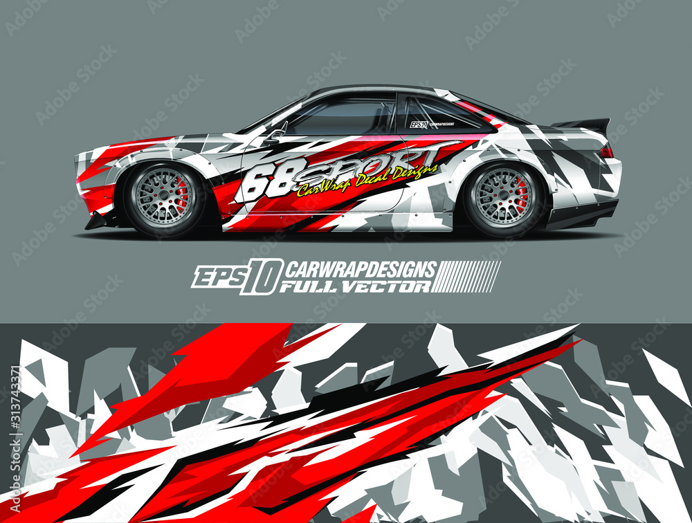 Drift car graphic livery design vector. Graphic abstract stripe racing background designs for wrap cargo van, race car, pickup truck, adventure vehicle. Eps 10