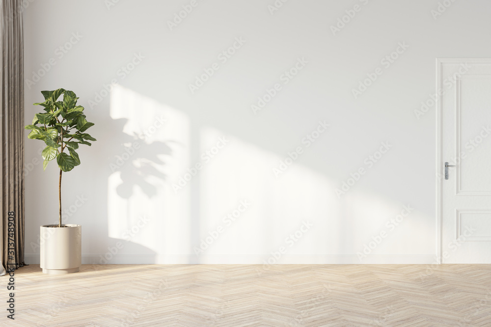 Plant against a white wall mockup. White wall mockup with brown curtain, plant and wood floor. 3D illustration. - obrazy, fototapety, plakaty 