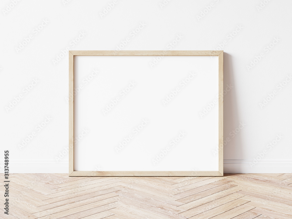 Horizontall wood frame mock up. Wooden frame poster on wooden floor with white wall. Landscape frame 3d illustrations. - obrazy, fototapety, plakaty 