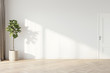 canvas print picture - Plant against a white wall mockup. White wall mockup with brown curtain, plant and wood floor. 3D illustration.