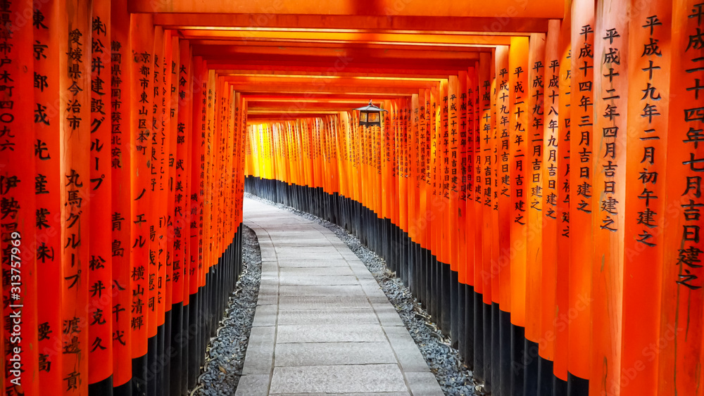 walking past torii gates and lantern at fushimi inari shrine - obrazy, fototapety, plakaty 