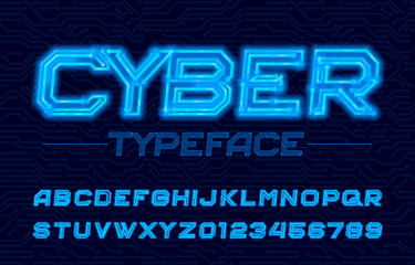 Poster - cyber alphabet font. neon electronic letters and numbers. stock vector circuit board typescript.