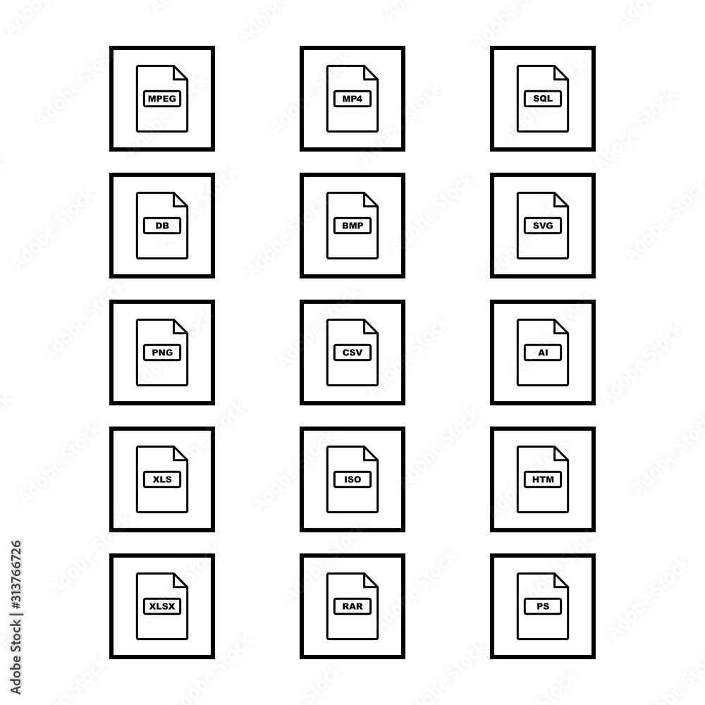 15 file formats Icons Sheet Isolated On White Background... Stock ...