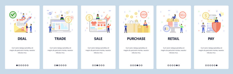 Poster - Business icons, signed deal, sale, shopping bags, retail shop, secure mobile payment. App onboarding screens. Menu vector banner template for website and mobile. Web site design flat illustration