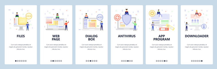 Computer technology icons, antivirus app, download files, online chat. Mobile app onboarding screens. Menu vector banner template for website and mobile development. Web site design flat illustration