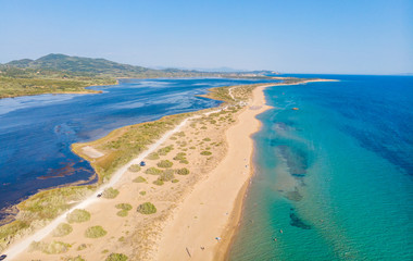 Aerial drone view of Halikounas Beach and Lake Korission, Corfu island, Ionian Sea, Greece