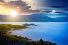 Time Change Concept With Sun And Moon Above Mountainous Countryside. Valley Full Of Rising Fog. Green Foliage On Trees. Wonderful Nature Scenery In Springtime