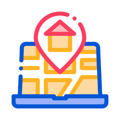 Poster - House Marker Location On Map Vector Thin Line Icon. Building House Marker On Laptop Monitor Linear Pictogram. Mortgage On Real Estate, Rent, Buy Or Sale Apartment Garage Contour Illustration