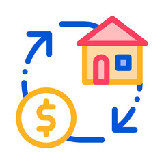 Poster - Sign Exchange Money On House Vector Thin Line Icon. Building House And Dollar Coin Linear Pictogram. Mortgage On Real Estate, Rent, Buy Or Sale Apartment Garage Contour Illustration