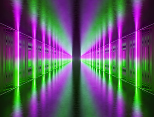 Poster - Futuristic sci fi scene with green and pink neon lights tunnel abstract background. colorful vibrant colors. technology concept. 3d rendering