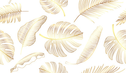 gold tropical leaf seamless pattern background, gold texture with floral and palm leaf vetor.