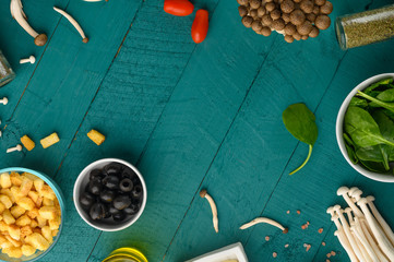 Wall Mural - Salad ingredients, fresh and healthy nutrition. Vegetarian food. Top view. Menu, recipe book.