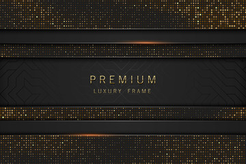 Vector black and gold abstract headline luxury frame. Sparkling sequins on black background. Horizontal line premium label design