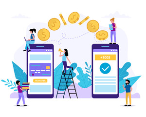 Wall Mural - sending money via smartphone. payment application. small people doing various tasks. concept vector 