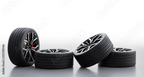Fotomural Set of wheels with modern alu rims on white background
