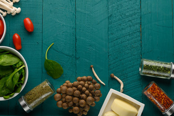 Wall Mural - Ingredients for preparing tasty and healthy dishes. Space for design. Culinary, gastronomy and menu.