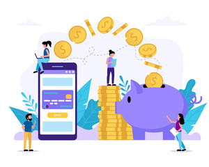 Savings account. Smartphone with application sending money to piggy bank. Small people doing various tasks. Vector illustration in flat style