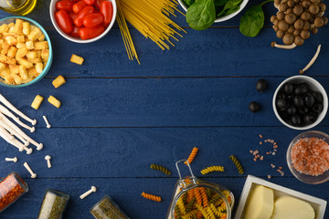 Wall Mural - Ingredients, Vegetables and Cooking Products. With Space. Gastronomy and Menus. Grocery Shopping Markets and Supermarkets.