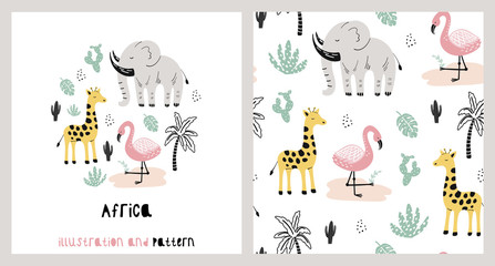 Wall Mural - Illustration and pattern with cute giraffe, elephant, flamingo