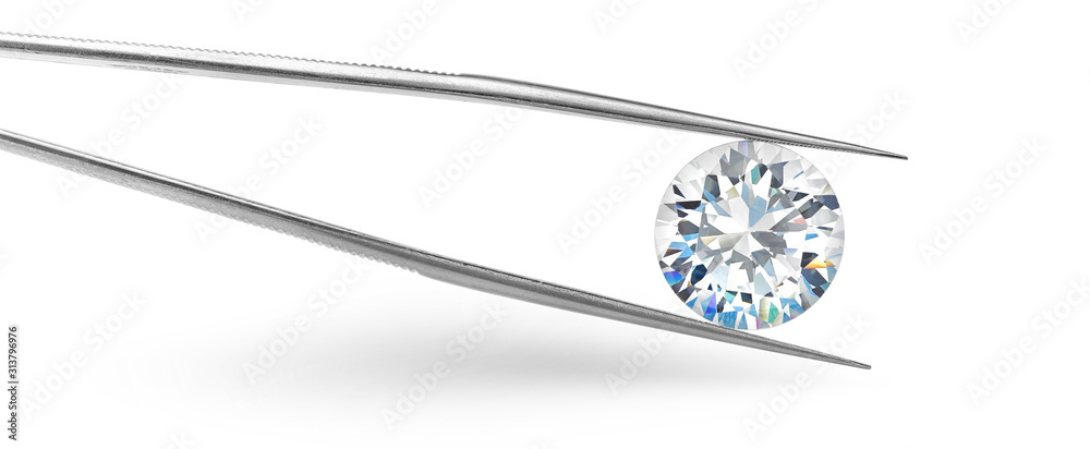 Round Brilliant Cut Diamond in Tweezers Isolated on White Background - obrazy, fototapety, plakaty 