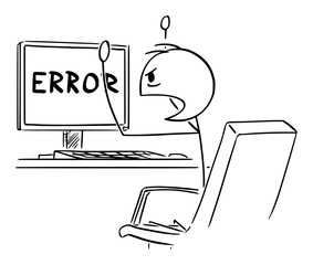 Vector cartoon stick figure drawing conceptual illustration of angry man or businessman working on computer and watching network or program error message on the screen.