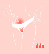 Menstruation In A Woman, Female Body, Underpants, Drops Of Blood And A Sick Belly. Vector Illustration
