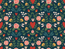 Beauty Seamless Roses And Hearts Pattern. Wedding Or Valentine Vector Background