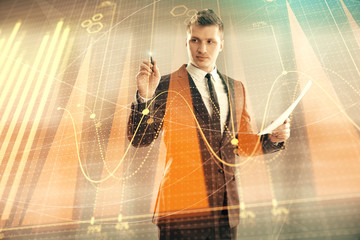 Wall Mural - Businessman and forex graph hologram. Double exposure. Concept of financial education and analysis