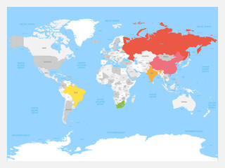 Naklejka na meble World map with highlighted member countries of BRICS - association of five major emerging national economies - Brazil, Russia, India, China and South Africa