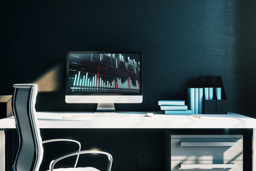 Wall Mural - Cabinet desktop interior with financial charts and graphs on computer screen. Concept of stock market analysis and trading. 3d rendering.