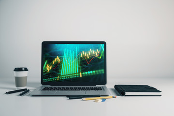 Wall Mural - Laptop closeup with forex graph on computer screen. Financial trading and education concept. 3d rendering.