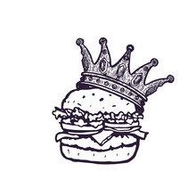 Burger With Crown Hand Drawn Fast Food Logo. Vector