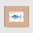 Packaging for seafood. Label for boxing natural products. Tuna.