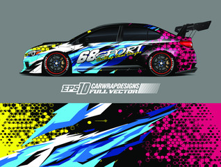 Wall Mural - Rally car graphic livery design vector. Graphic abstract stripe racing background designs for wrap cargo van, race car, pickup truck, adventure vehicle. Eps 10