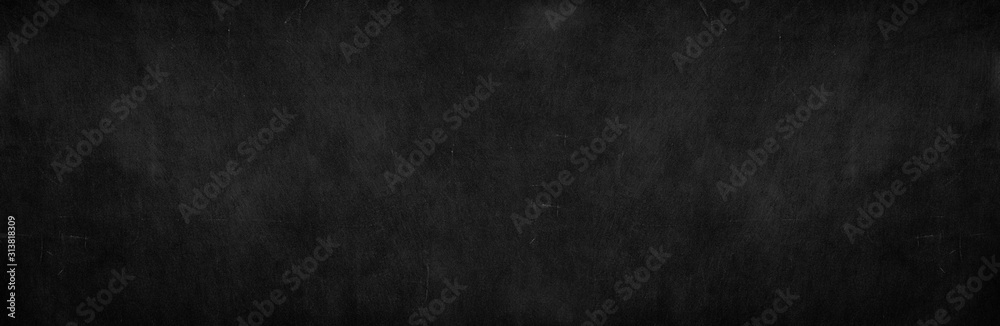 Blank wide screen Real chalkboard background texture in college concept for back to school panoramic wallpaper for black friday white chalk text draw graphic. Empty surreal room wall blackboard pale. - obrazy, fototapety, plakaty 