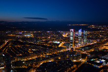 Panoramic Aerial View Of Madrid At Night, Metropolis Building Lights, Capital Of Spain, Europe